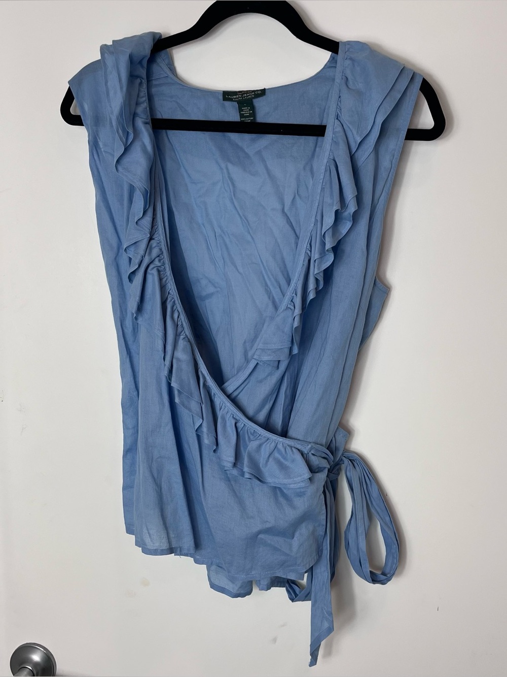 LRL Ralph Lauren Ruffle Wrap Top Deep V-neck Blue Large Cotton Blouse Sleeveless